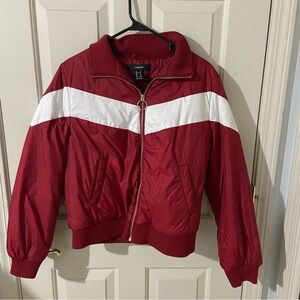 Forever 21 Women's Red and White Bomber Jacket